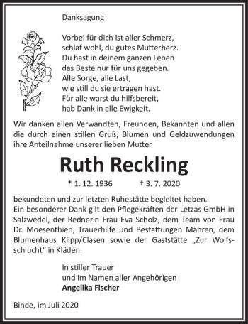 Traueranzeige von Ruth Reckling  von Magdeburger Volksstimme