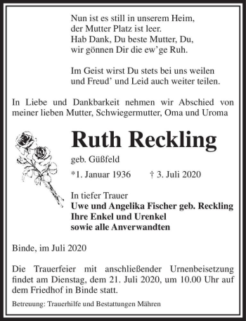 Traueranzeige von Ruth Reckling (geb. Güßfeld)  von Magdeburger Volksstimme
