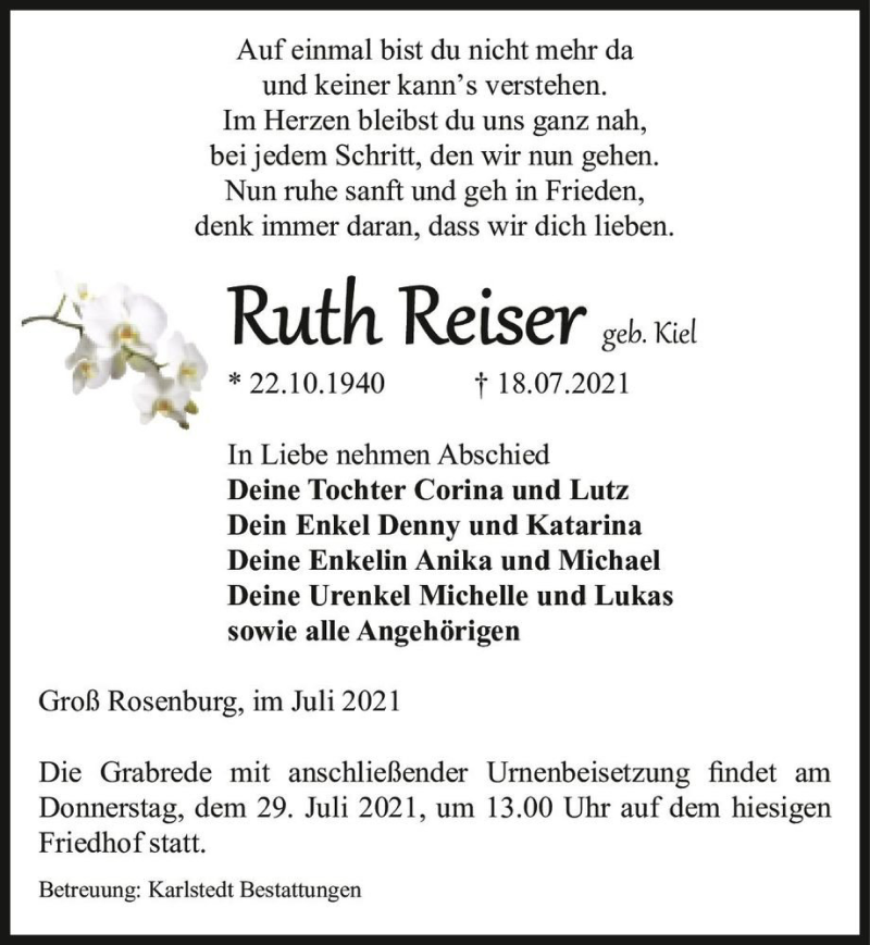 Traueranzeige für Ruth Reiser (geb. Kiel)  vom 24.07.2021 aus Magdeburger Volksstimme