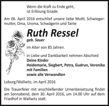 Traueranzeige von Ruth Ressel (geb. Sauer)  von Magdeburger Volksstimme
