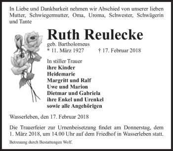 Traueranzeige von Ruth Reulecke (geb. Bartholomeus)  von Magdeburger Volksstimme