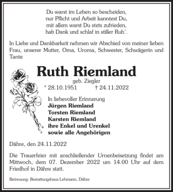 Traueranzeige von Ruth Riemland (geb. Ziegler)  von Magdeburger Volksstimme