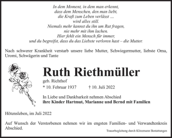 Traueranzeige von Ruth Riethmüller (geb. Richthof)  von Magdeburger Volksstimme