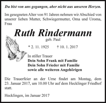 Traueranzeige von Ruth Rindermann (geb. Paul)  von Magdeburger Volksstimme