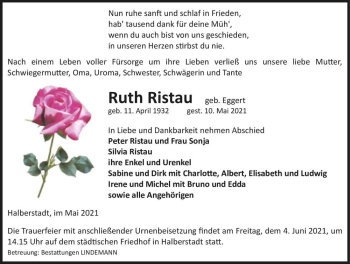 Traueranzeige von Ruth Ristau (geb. Eggert)  von Magdeburger Volksstimme