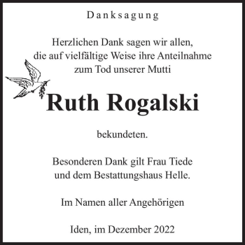 Traueranzeige von Ruth Rogalski  von Magdeburger Volksstimme