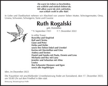 Traueranzeige von Ruth Rogalski (geb. Walsleben)  von Magdeburger Volksstimme