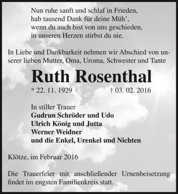 Traueranzeige von Ruth Rosenthal  von Magdeburger Volksstimme