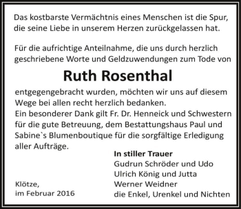 Traueranzeige von Ruth Rosenthal  von Magdeburger Volksstimme