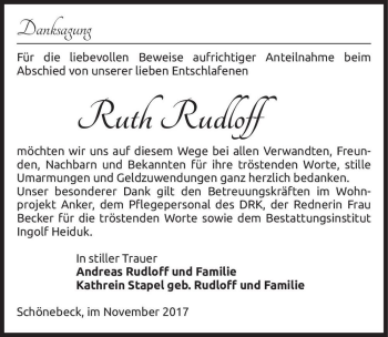Traueranzeige von Ruth Rudloff  von Magdeburger Volksstimme