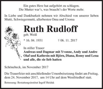 Traueranzeige von Ruth Rudloff (geb. Weiß)  von Magdeburger Volksstimme