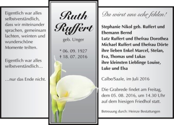 Traueranzeige von Ruth Ruffert (geb. Unger)  von Magdeburger Volksstimme