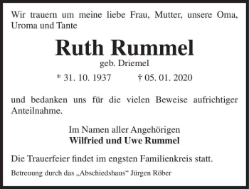 Traueranzeige von Ruth Rummel (geb. Driemel)  von Magdeburger Volksstimme
