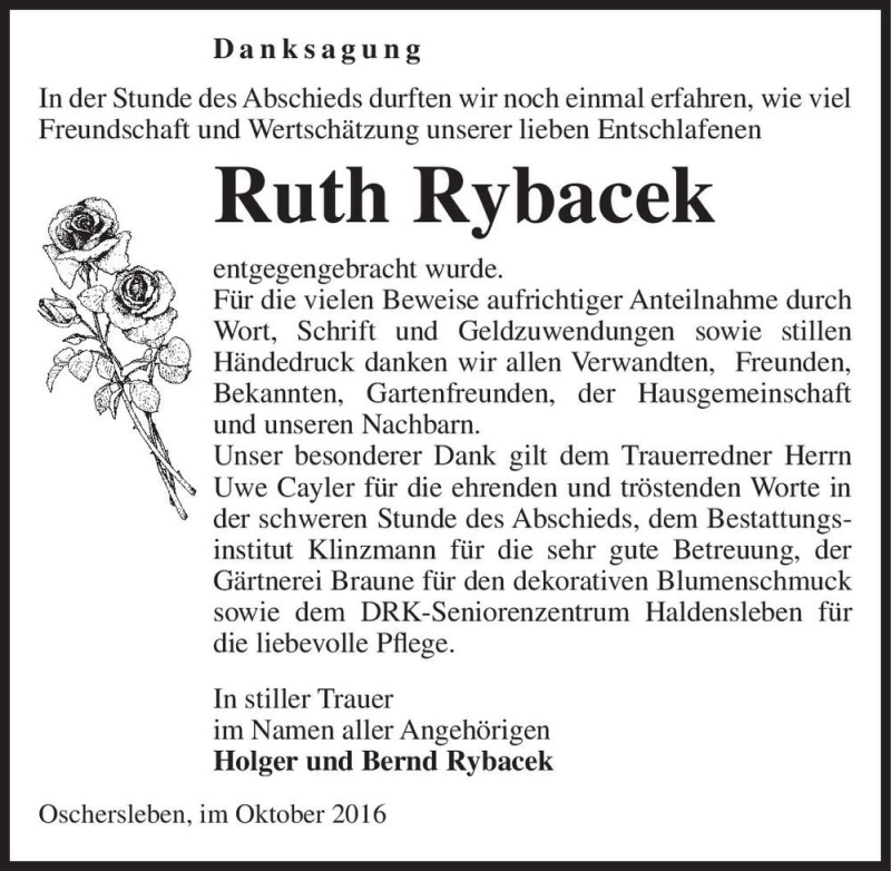  Traueranzeige für Ruth Rybacek  vom 29.10.2016 aus Magdeburger Volksstimme