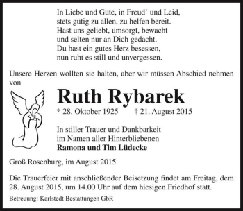 Traueranzeige von Ruth Rybarek  von Magdeburger Volksstimme