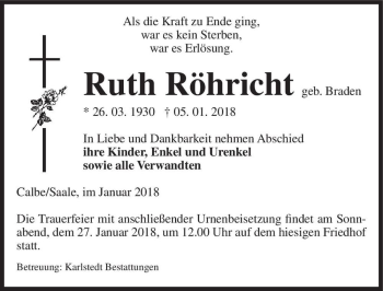 Traueranzeige von Ruth Röhricht (geb. Braden)  von Magdeburger Volksstimme