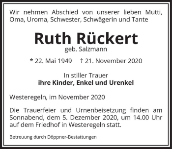 Traueranzeige von Ruth Rückert (geb. Salzmann)  von Magdeburger Volksstimme