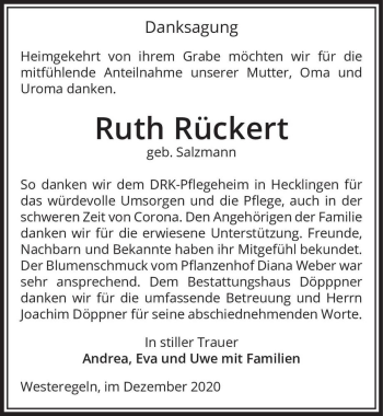 Traueranzeige von Ruth Rückert (geb. Salzmann)  von Magdeburger Volksstimme