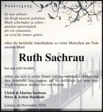 Traueranzeige von Ruth Sachrau  von Magdeburger Volksstimme