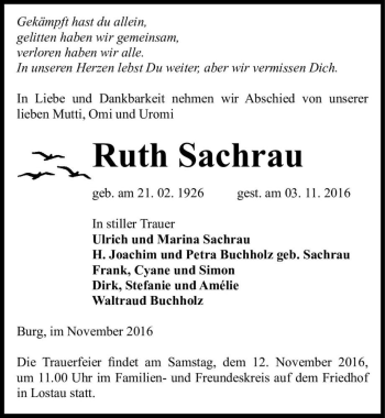 Traueranzeige von Ruth Sachrau  von Magdeburger Volksstimme