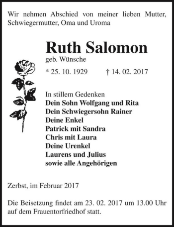 Traueranzeige von Ruth Salomon (geb. Wünsche)  von Magdeburger Volksstimme