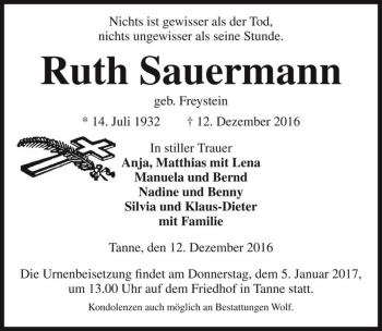 Traueranzeige von Ruth Sauermann (geb. Freystein)  von Magdeburger Volksstimme