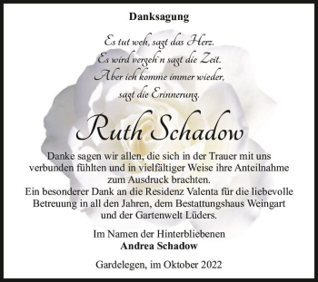 Traueranzeige von Ruth Schadow  von Magdeburger Volksstimme