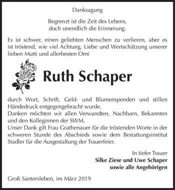 Traueranzeige von Ruth Schaper  von Magdeburger Volksstimme