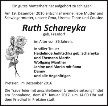 Traueranzeige von Ruth Schareyka (geb. Fräsdorf)  von Magdeburger Volksstimme