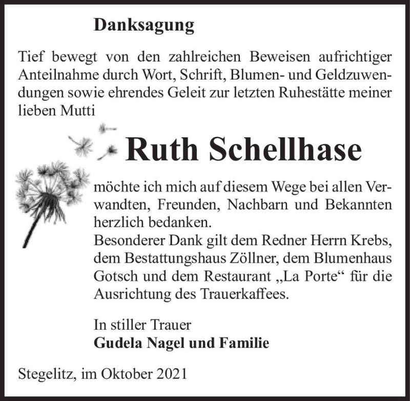 Traueranzeige für Ruth Schellhase  vom 23.10.2021 aus Magdeburger Volksstimme