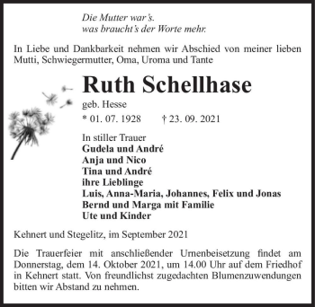 Traueranzeige von Ruth Schellhase (geb. Hesse)  von Magdeburger Volksstimme