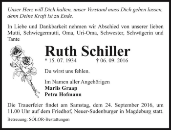 Traueranzeige von Ruth Schiller  von Magdeburger Volksstimme