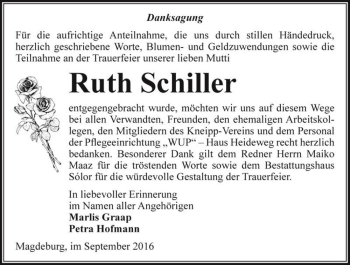 Traueranzeige von Ruth Schiller  von Magdeburger Volksstimme