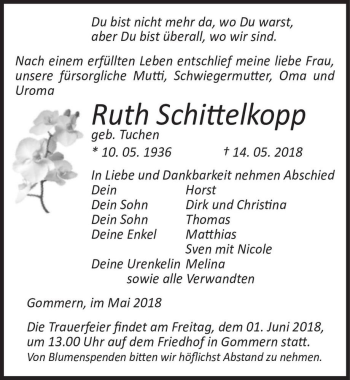 Traueranzeige von Ruth Schittelkopp (geb. Tuchen)  von Magdeburger Volksstimme