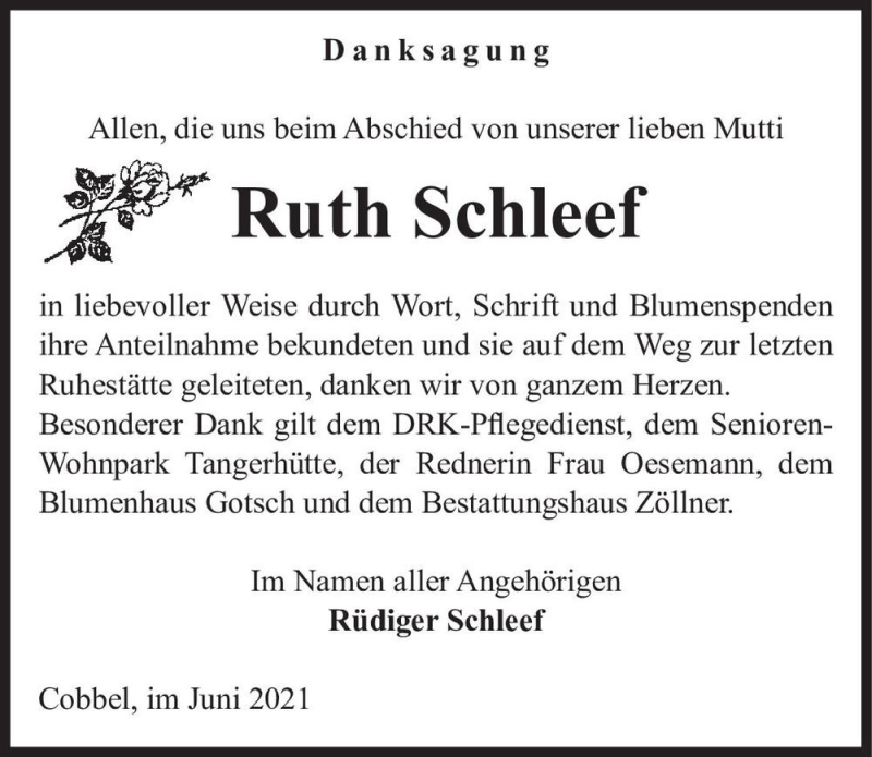  Traueranzeige für Ruth Schleef  vom 12.06.2021 aus Magdeburger Volksstimme