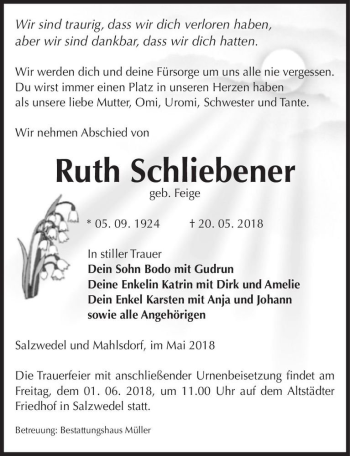 Traueranzeige von Ruth Schliebener (geb. Feige)  von Magdeburger Volksstimme