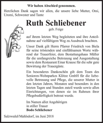Traueranzeige von Ruth Schliebener (geb. Feige)  von Magdeburger Volksstimme