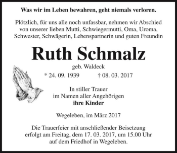 Traueranzeige von Ruth Schmalz (geb. Waldeck)  von Magdeburger Volksstimme