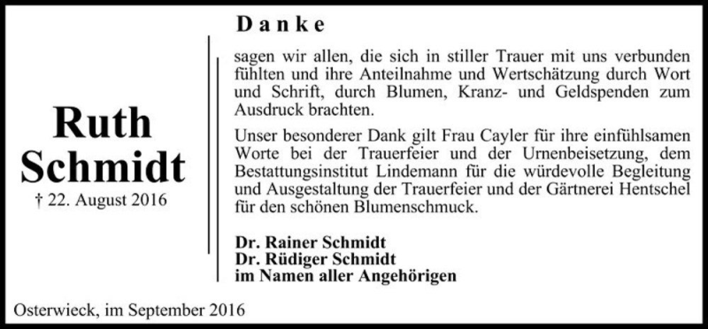  Traueranzeige für Ruth Schmidt  vom 24.09.2016 aus Magdeburger Volksstimme