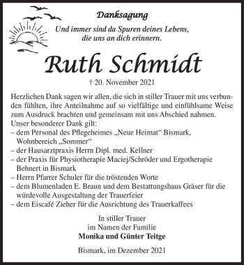 Traueranzeige von Ruth Schmidt  von Magdeburger Volksstimme