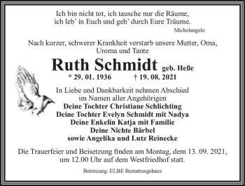 Traueranzeige von Ruth Schmidt (geb. Heße)  von Magdeburger Volksstimme