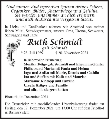 Traueranzeige von Ruth Schmidt (geb. Schmidt)  von Magdeburger Volksstimme