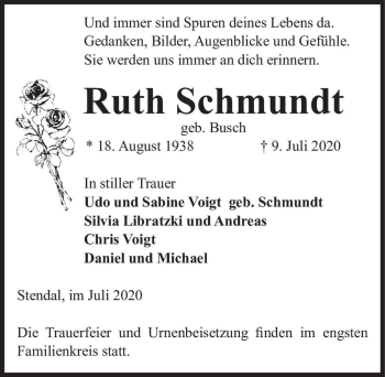 Traueranzeige von Ruth Schmundt (geb. Busch)  von Magdeburger Volksstimme