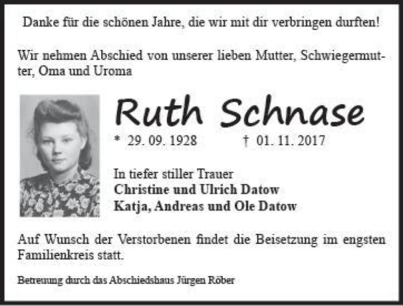 Traueranzeige für Ruth Schnase  vom 11.11.2017 aus Magdeburger Volksstimme