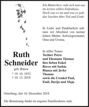 Traueranzeige von Ruth Schneider (geb. Bütow)  von Magdeburger Volksstimme