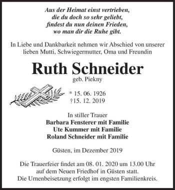 Traueranzeige von Ruth Schneider (geb. Piekny)  von Magdeburger Volksstimme