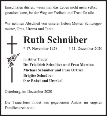 Traueranzeige von Ruth Schnüber  von Magdeburger Volksstimme