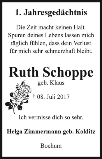 Traueranzeige von Ruth Schoppe (geb. Klaus)  von Magdeburger Volksstimme