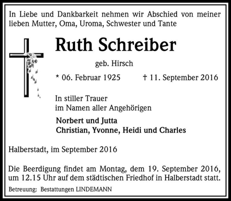  Traueranzeige für Ruth Schreiber (geb. Hirsch)  vom 16.09.2016 aus Magdeburger Volksstimme