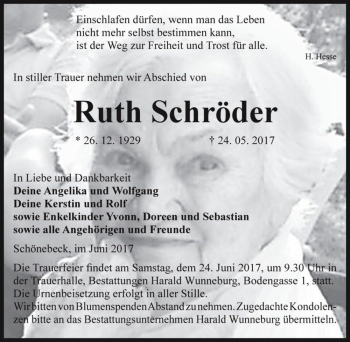 Traueranzeige von Ruth Schröder  von Magdeburger Volksstimme